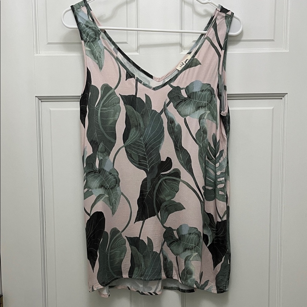 Tribal Women's Tank Top - Green Leaves and Pastel Pink Background - Size Small